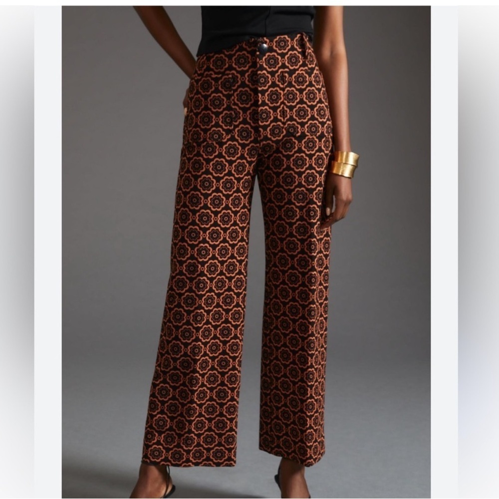Maeve by Anthropologie The Colette Crop Wide Leg Ponte Pants Black Motif 26P NWT
